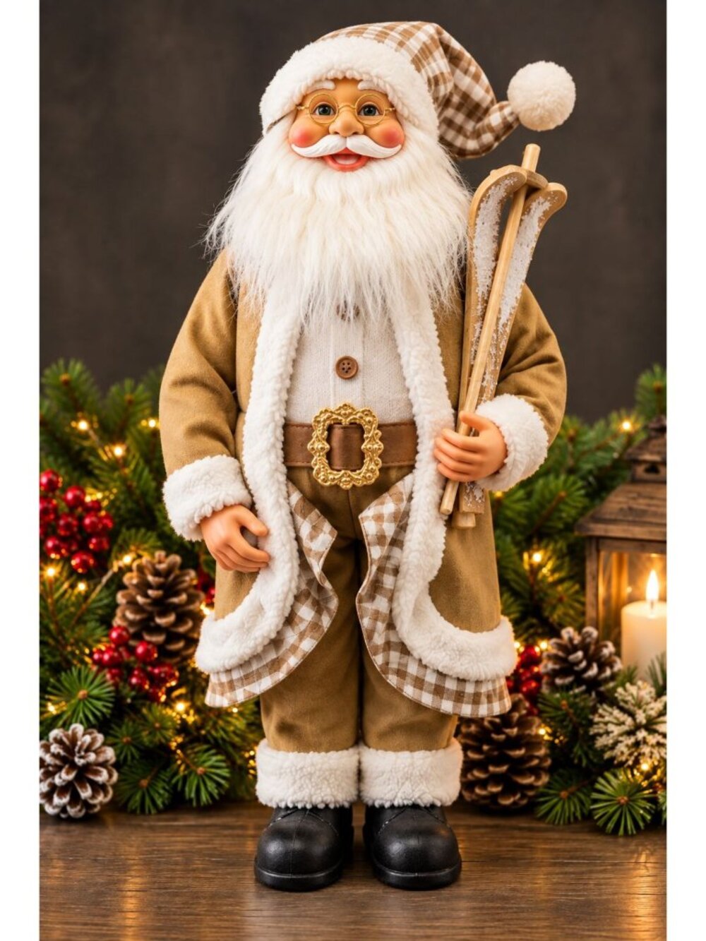 Santa Claus Figurine 24" Wooden Skis Alpine Lodge Plaid Christmas Decoration